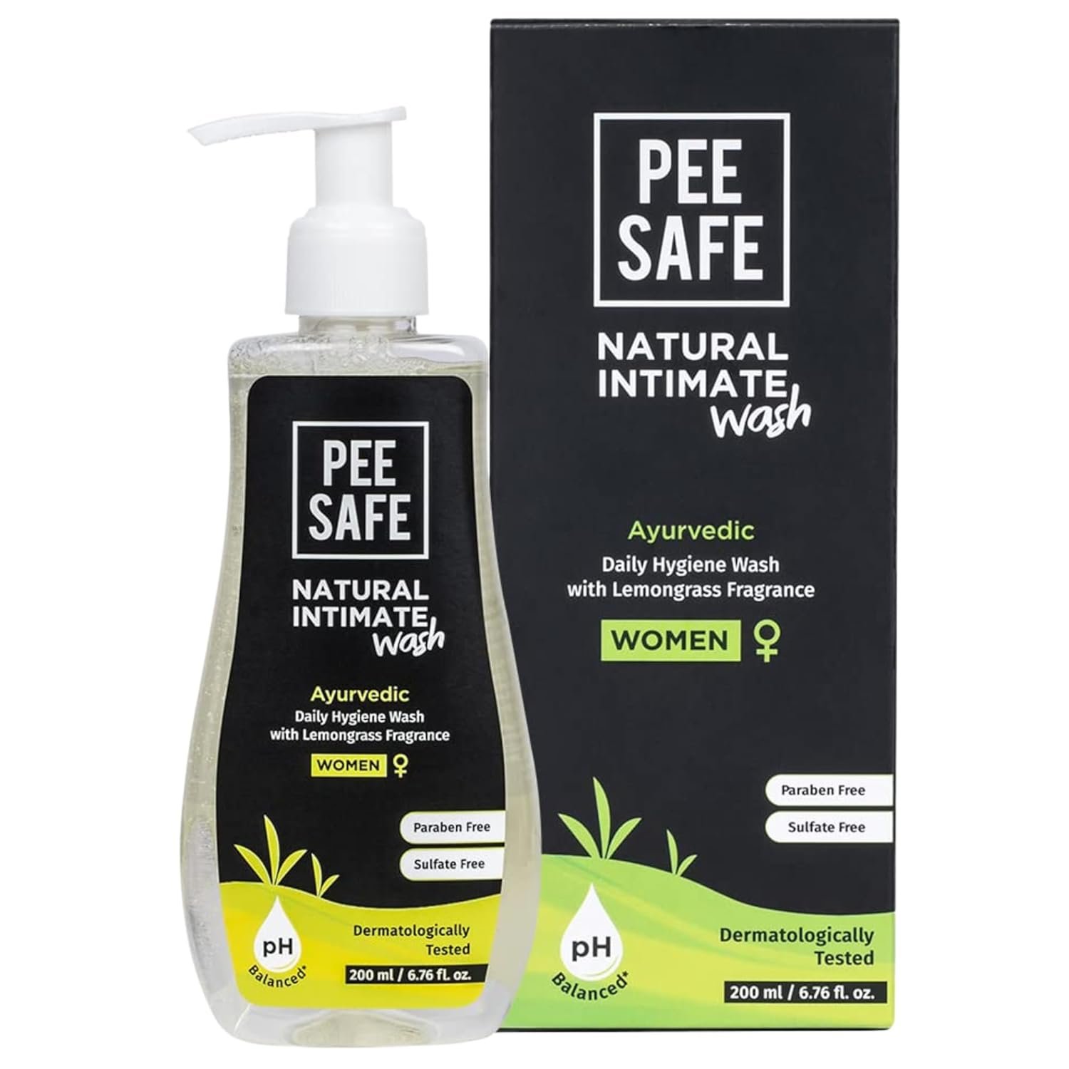 Pee Safe Intimate Wash For Women 200ml Natural Ayurvedic with Lemongrass Fragrance and 100% Alcohol-Free | pH Balanced | Paraben-Free | Sulfate-Free