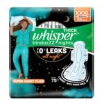 Whisper Bindazzz Nights 20 XXXL Sanitary Pads, Upto 0% Leaks All Night Long, For Super Heavy Flow, Nearly 75% Longer with Wider Back, Double hug wings keep pad in place , Disposable Wrapper