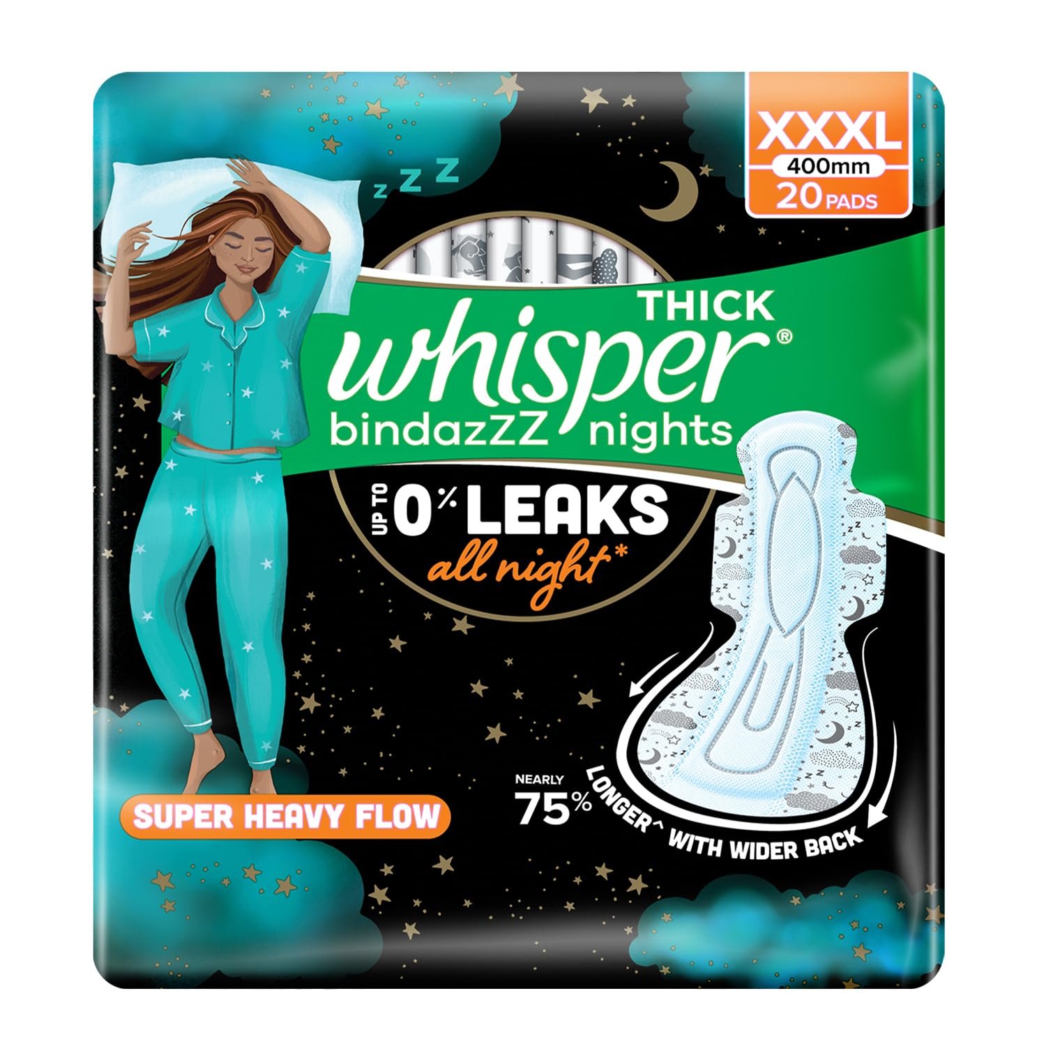 Whisper Bindazzz Nights 20 XXXL Sanitary Pads, Upto 0% Leaks All Night Long, For Super Heavy Flow, Nearly 75% Longer with Wider Back, Double hug wings keep pad in place , Disposable Wrapper