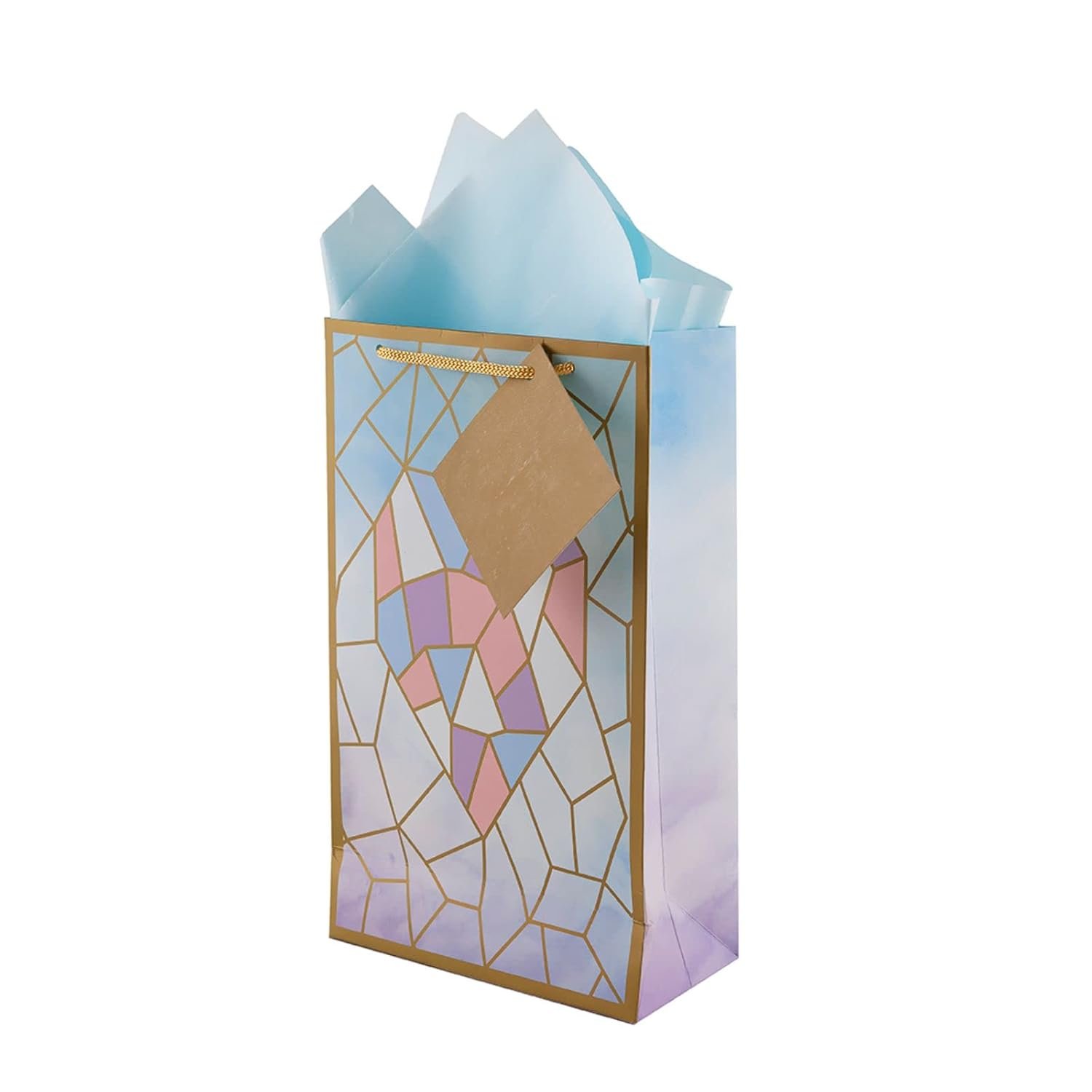 Birch & Co. Gift Paper Bags – Small Carry Bags For Gifting – Goodie Bags With Tissue & Thank You Card – Pack Of 5, Blue Heart Tiles