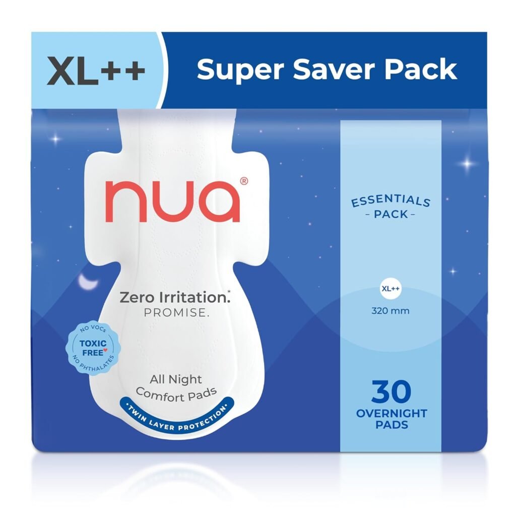 Nua All Night Comfort Sanitary Pads | Pack of 30 (XL++ 320mm) | Twin Layer Protection | 50% Wider Back and Anti Stain Wings | Upto 10 hours of Absorption | Super Soft and Breathable | No Rashes | 100% Toxic-Free