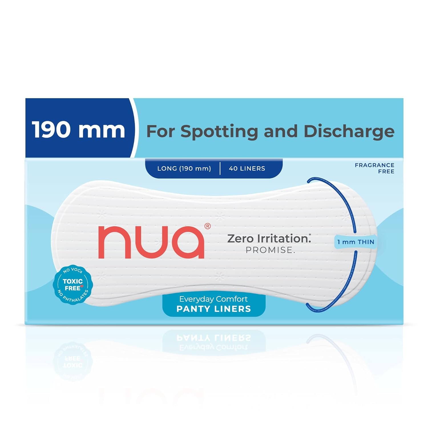 Nua Everyday Comfort Panty Liner for Women Daily Use | Pack of 40 liners 190mm | For White Discharge, Spotting & Non Period Leakages | Individually Wrapped | Zero Irritation | Super-thin | Stays in Place | Instant Absorption | Softest Top sheet | 100% Toxic-Free | Panty Liner Pads Sanitary Napkins