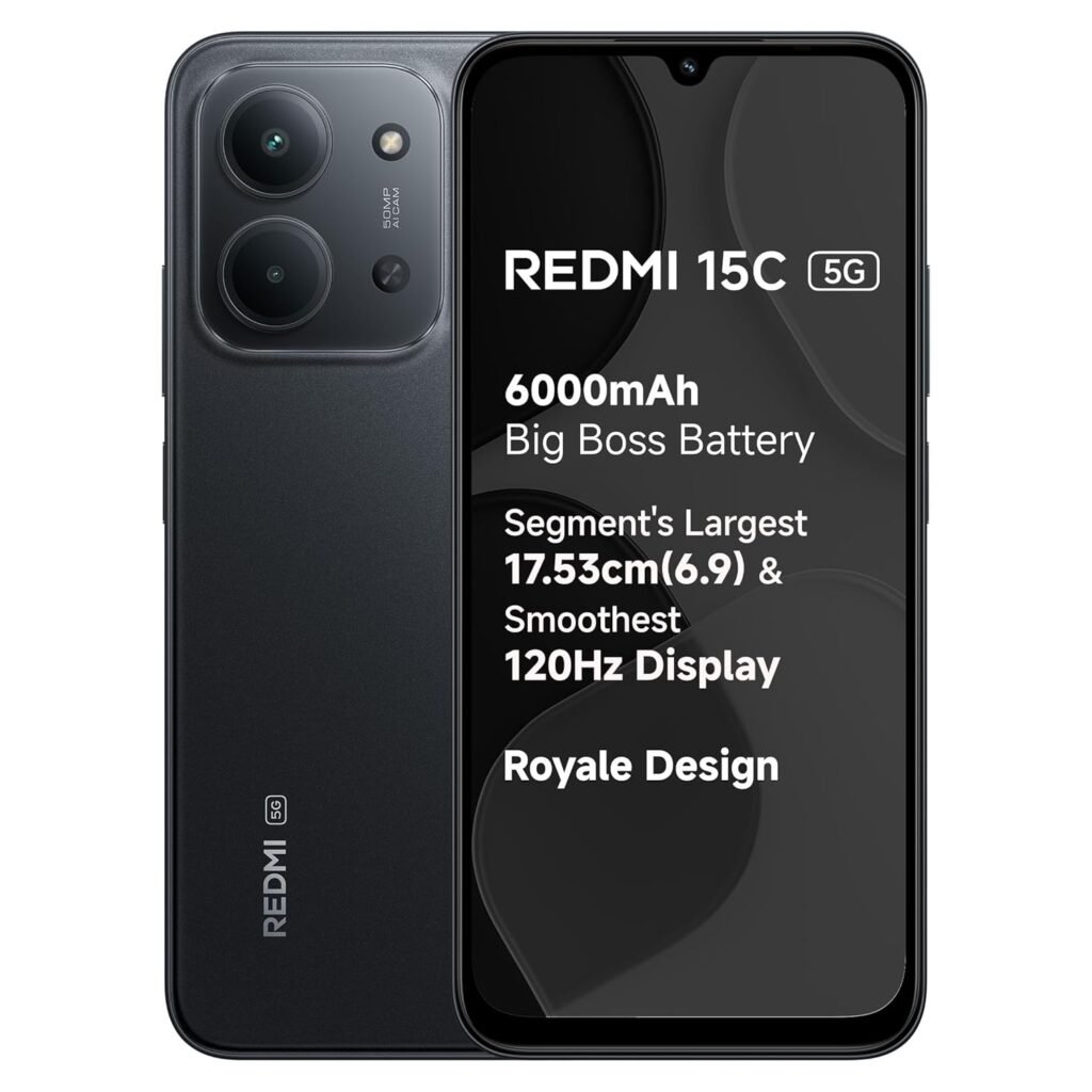 REDMI 15C 5G Midnight Black 4GB + 128GB | Royale Design | Massive 6000mAh Battery | Segment’s Largest 17.53cm Display Up to 120Hz | MediaTek Dimensity 6300 | 33W Fast Charging | 50MP AI Dual Camera