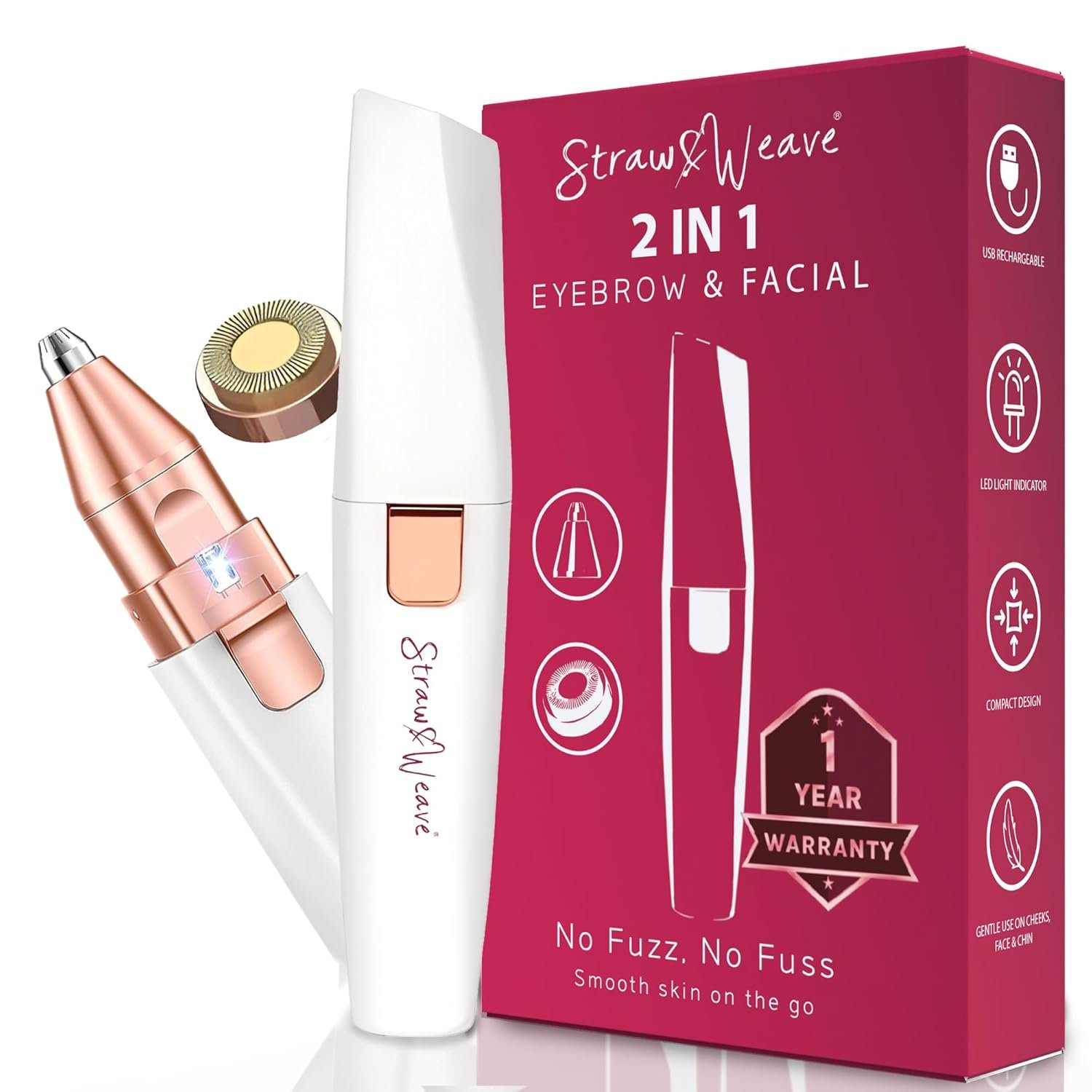 STRAW&WEAVE Facial Hair Removal Machine|Eyebrow Trimmer & Epilator|Trimmer For Women Private Part|2 In 1 Trimmer 400 mAh Battery 1 Year Warranty|Painless Hair Removal Machine|Nose Hairs Remover,White