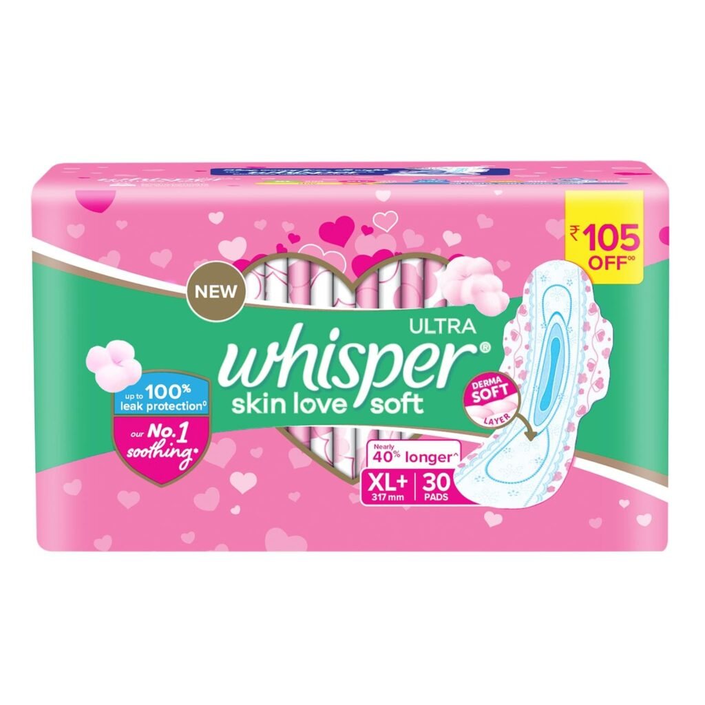 Whisper Ultra Soft Sanitary Pads for Women, XL+, Pack of 30 Napkins Whisper Ultra Soft Sanitary Pads for Women, XL+, Pack of 30 Napkins
