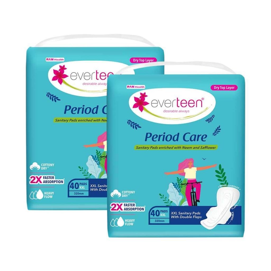 everteen Period Care XXL Dry Neem-Safflower Sanitary Pads for Women – 80 Pads, Rash Free, Anti Tan, Skin Friendly, Double Wing Shape, Advanced Leak Protection, XX Large, 320mm – 2 Packs (40 Pads Each, 320mm)