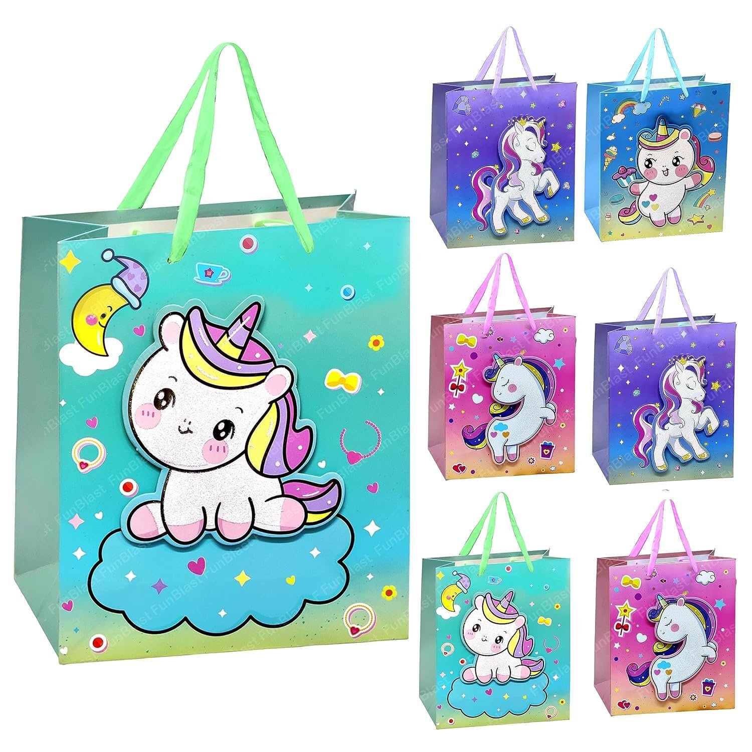 FunBlast Paper Bags for Gifts – Pack of 6 Pcs Paper Goodie Bags Small, Kraft Paper Bags with Handles for Birthday, Wedding, Party and Other Festivals – Random Color & Design