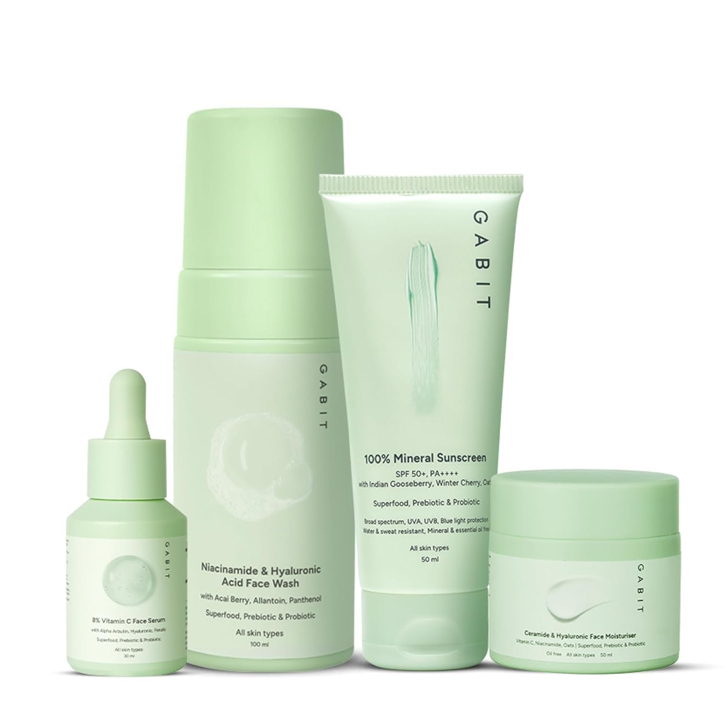 Gabit Skincare Gamechangers Kit | Complete Skincare Routine Kit for Women & Men with Niacinamide & Hyaluronic Face Wash, 8% Vitamin C & Arbutin Serum, Ceramide & Hyaluronic Moisturizer, 100% Mineral Sunscreen | Daily Skin Combo For Nourished & Glowing Skin | Suitable For All Skin Types | 230ml