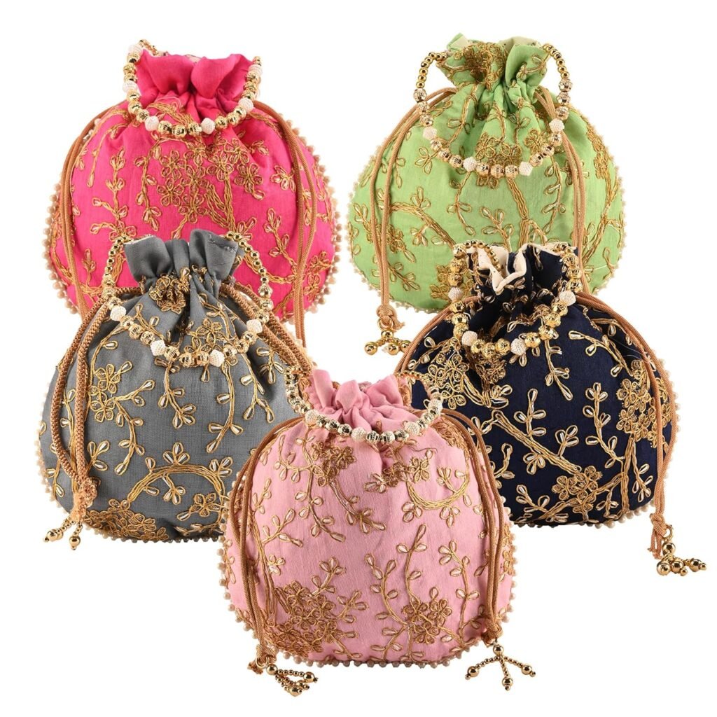 Kuber Industries Potli | Jute Handbags for women | Embroidered Women Potli Bag | Traditional Indian Goody Bags | Drawstring Bags for Wedding | Pack of 5 | Multicolor Kuber Industries Potli | Jute Handbags for women | Embroidered Women Potli Bag | Traditional Indian Goody Bags | Drawstring Bags for Wedding | Pack of 5 | Multicolor