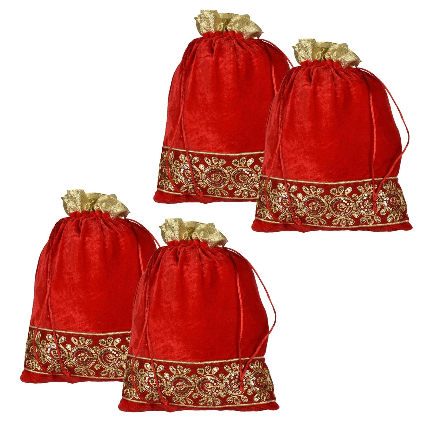 Kuber Industries Potli|Velvet Wedding Potli|Drawstring Closure Potli|Wallet Potli|Christmas Gift Potli|Baby Shower Potli|Traditional Shagun Potli|Gota Potli|9×12 Inch|Pack of 4|Red