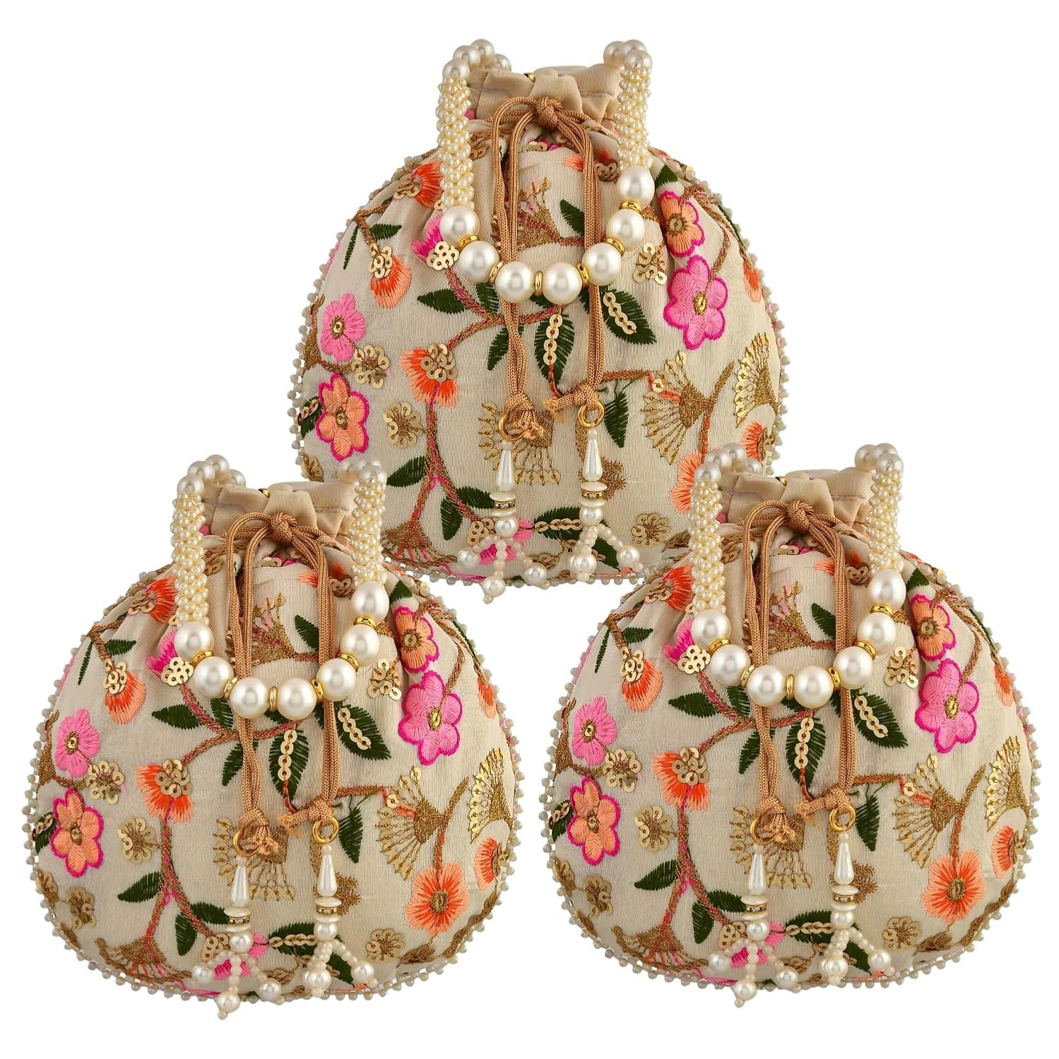 Kuber Industries Silk Wedding Potli|Baby Shower|Traditional Shagun|Drawstring with Beads Handle |New Flower Embroidery |Pack of 3|Cream