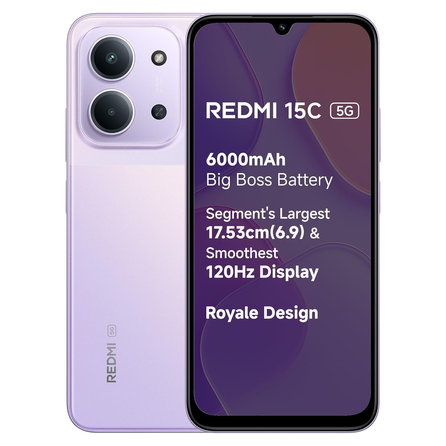 REDMI 15C 5G Dusk Purple 4GB + 128GB | Royale Design | Massive 6000mAh Battery | Segment’s Largest 17.53cm Display Up to 120Hz | MediaTek Dimensity 6300 | 33W Fast Charging | 50MP AI Dual Camera REDMI 15C 5G Dusk Purple 4GB + 128GB | Royale Design | Massive 6000mAh Battery | Segment’s Largest 17.53cm Display Up to 120Hz | MediaTek Dimensity 6300 | 33W Fast Charging | 50MP AI Dual Camera