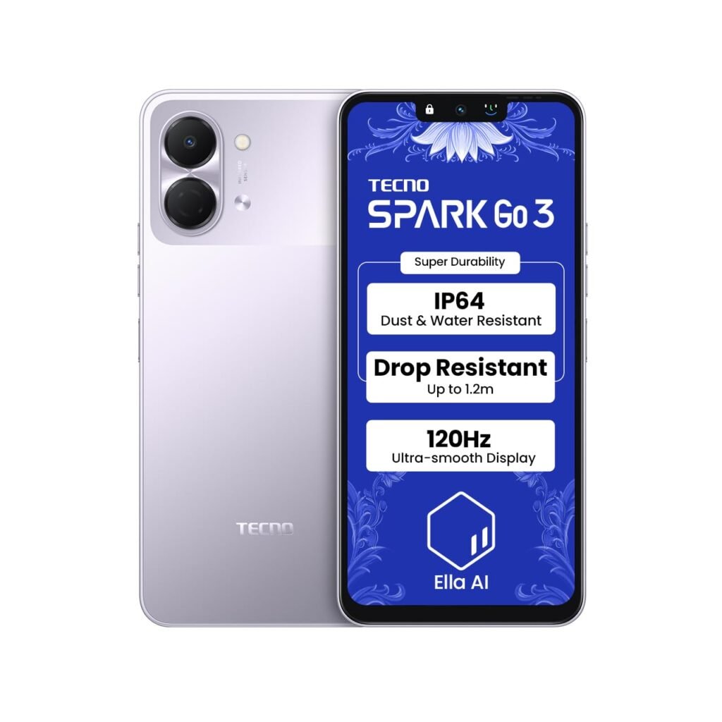 Tecno Spark GO 3 (Aurora Purple, 4GB+64GB | Super Durability Drop Resistant & IP64 Rated| Make Calls Without Network* |Ella Al in Your Own Language| Super Smooth 120Hz 6.74″ Display |5000mAh Battery