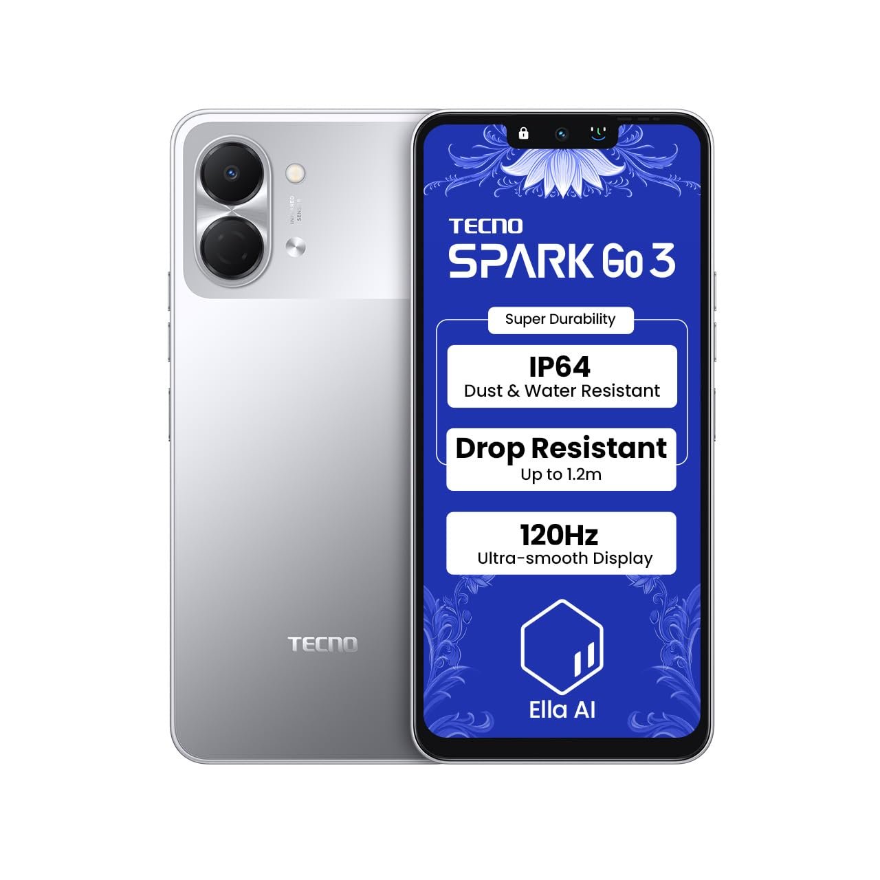 Tecno Spark Go 3 (Titanium Grey, 4GB+64GB | Super Durability Drop Resistant & IP64 Rated| Make Calls Without Network* |Ella Al in Your Own Language| Super Smooth 120Hz 6.74″ Display |5000mAh Battery