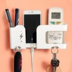 Wall Mobile Holder | Multi-Purpose Mobile Stand | Remote Holder & Mobile Charging Stand, Phone Stand for Charging with Pen and Key Holder Useful Gadget-White