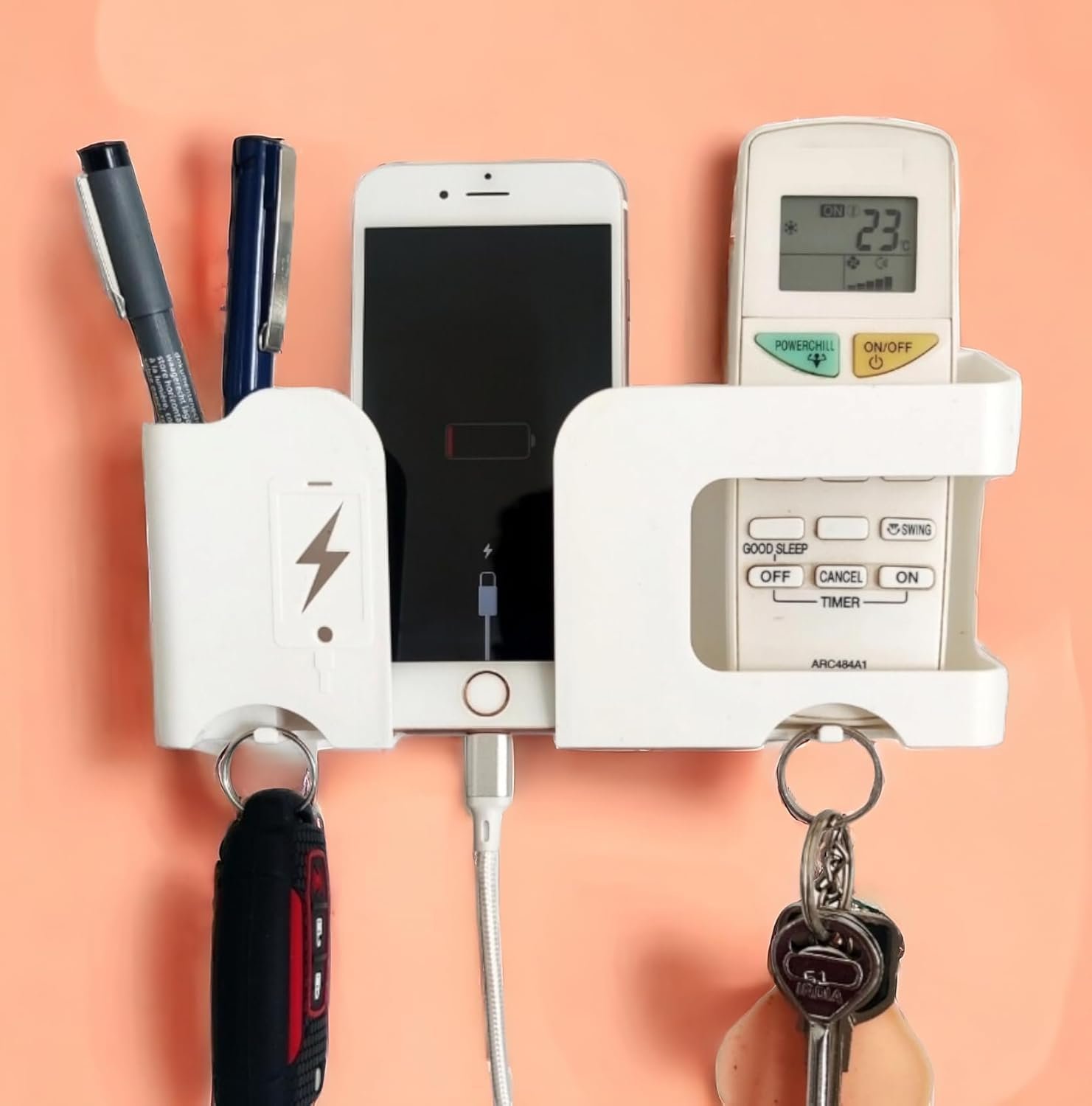 Wall Mobile Holder | Multi-Purpose Mobile Stand | Remote Holder & Mobile Charging Stand, Phone Stand for Charging with Pen and Key Holder Useful Gadget-White