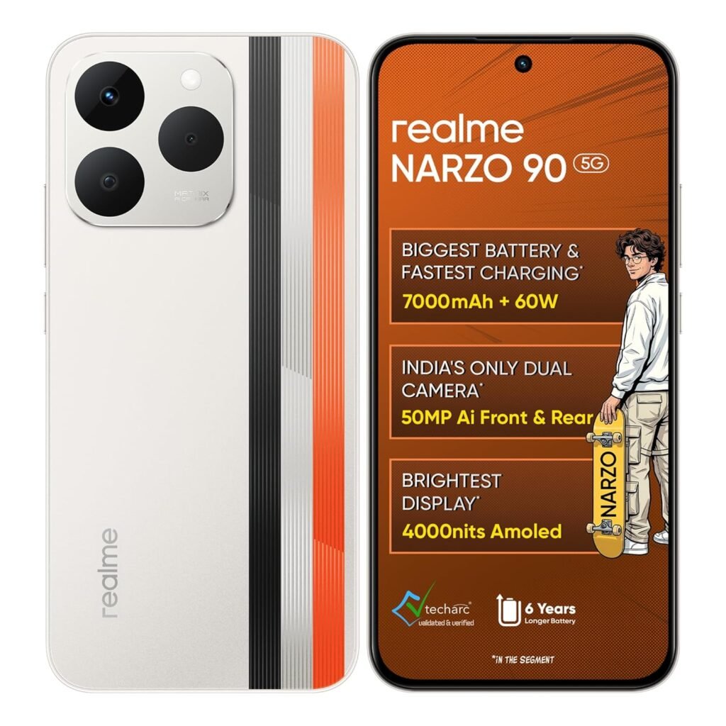 realme NARZO 90 5G (Victory Gold,8GB+128GB) | 7000mAh Biggest Battery | 60W Fastest Charging | 50MP Front & Rear AI Cameras | 4000nits Brightest Display | AI Assist | IP69 Dust & Water Resistance