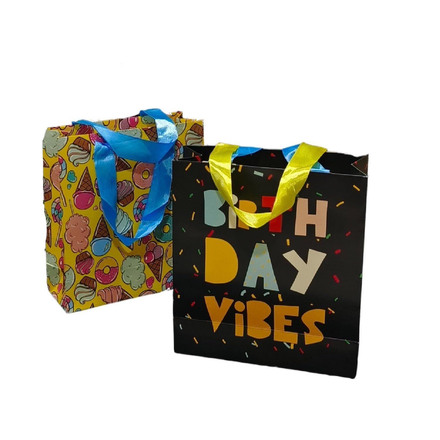 Gift Paper Bag, SAPCO COMBO, Perfect for Gifting, Return gift “Ice Cream Doughnut Candies & Birthday vibes” – small size(2 designs x 5Pcs = Pack of 10)