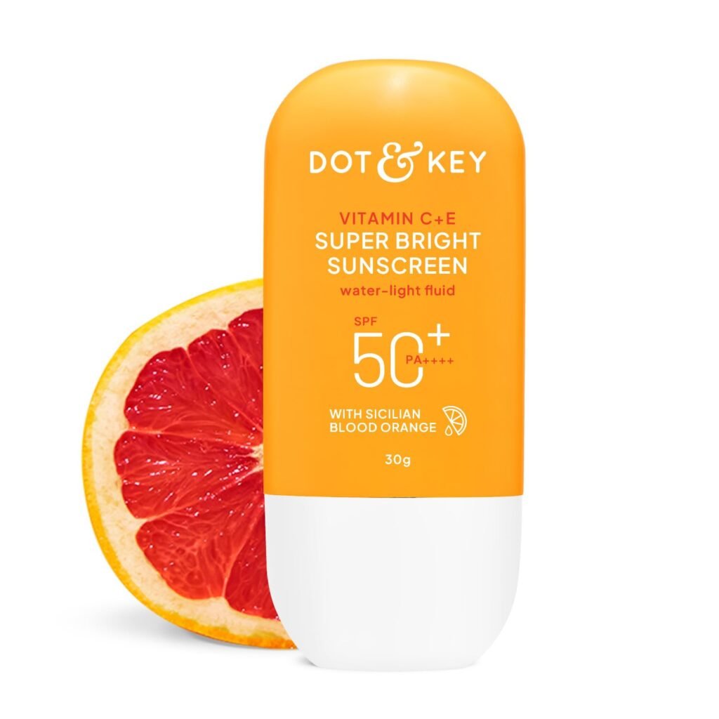 DOT & KEY Vitamin C + E Super Bright Sunscreen Spf 50 In-Vivo Tested | Water-Light,UVA/UVB & Blue Light Protection|For Even Toned & Glowing Skin|With Liquid Spf 50+++| No White Cast| For All Skin Types | 30G