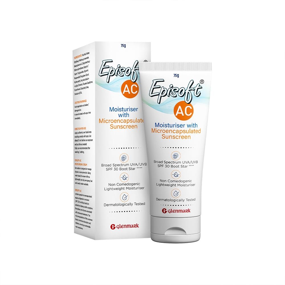 Episoft Ac Lightweight Moisturizer With Microencapsulated Sunscreen | Acne Safe | All Skin Types | Paraben & Fragrance Free | Suitable For Men & Women | 75Gm, 30 SPF