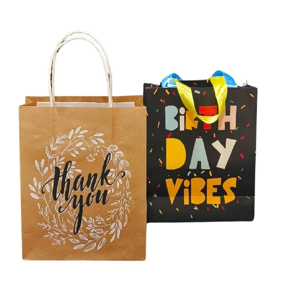 Gift Paper Bag, SAPCO COMBO, Perfect for Gifting, Return gift “Thank You & Birthday vibes” – small size(2 designs x 5Pcs = Pack of 10) Gift Paper Bag, SAPCO COMBO, Perfect for Gifting, Return gift “Thank You & Birthday vibes” – small size(2 designs x 5Pcs = Pack of 10)
