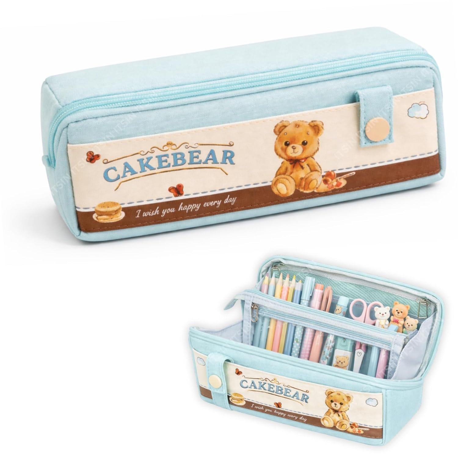 Large Capacity Pencil Pouch Aesthetic Pencil Bag Multiple Compartments Girl Cute Stationery School College Pouch Travel Pouch for Girls Kids School Accessories (Blue Cakebear)