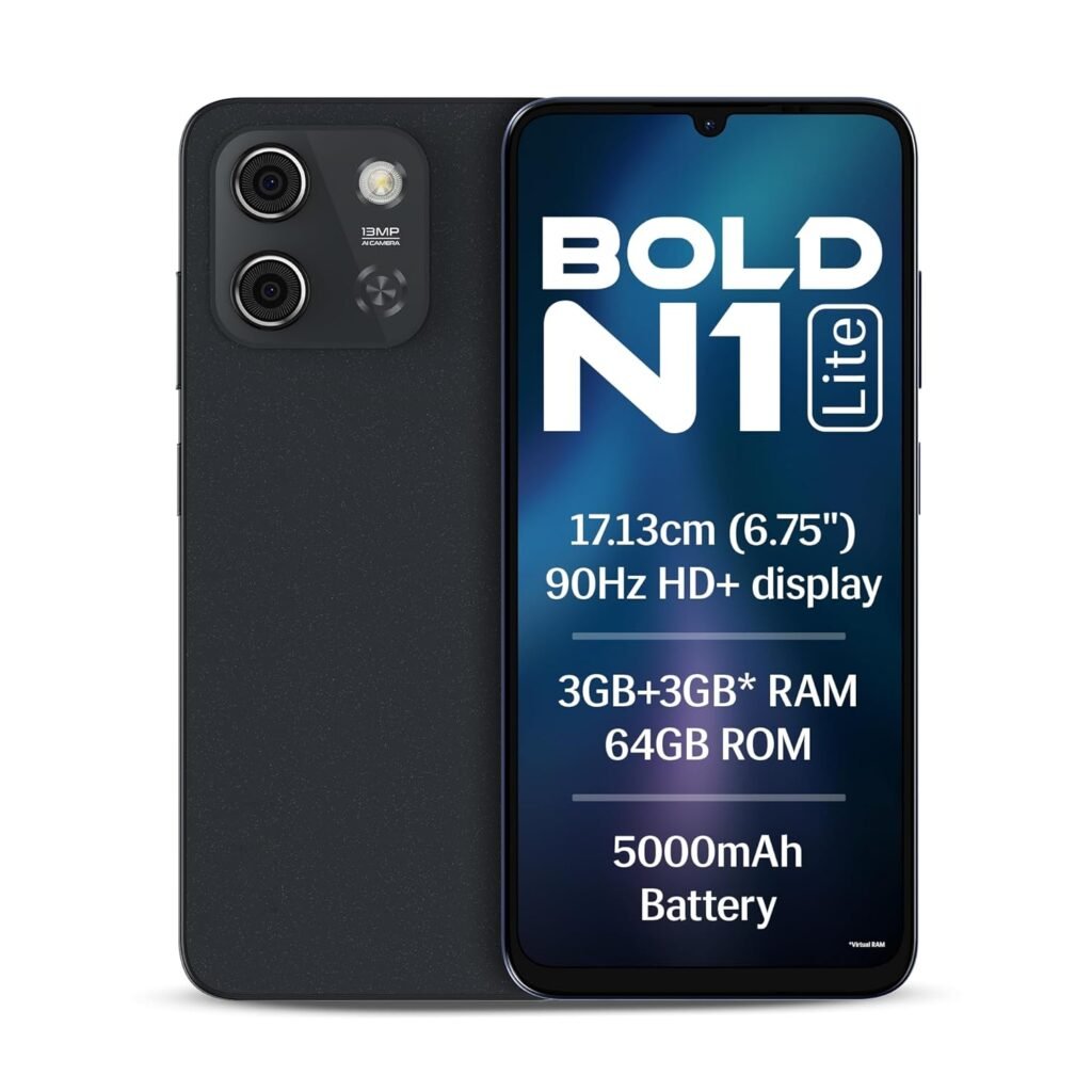Lava Bold N1 Lite (Crystal Blue, 3 GB RAM, 64 GB Storage) | 6.75″ HD+ Display | 13MP AI Dual Rear Camera | 5000 mAh Battery | Secure Face Unlock | Fingerprint Reader | Charger & Phone-Cover in Box
