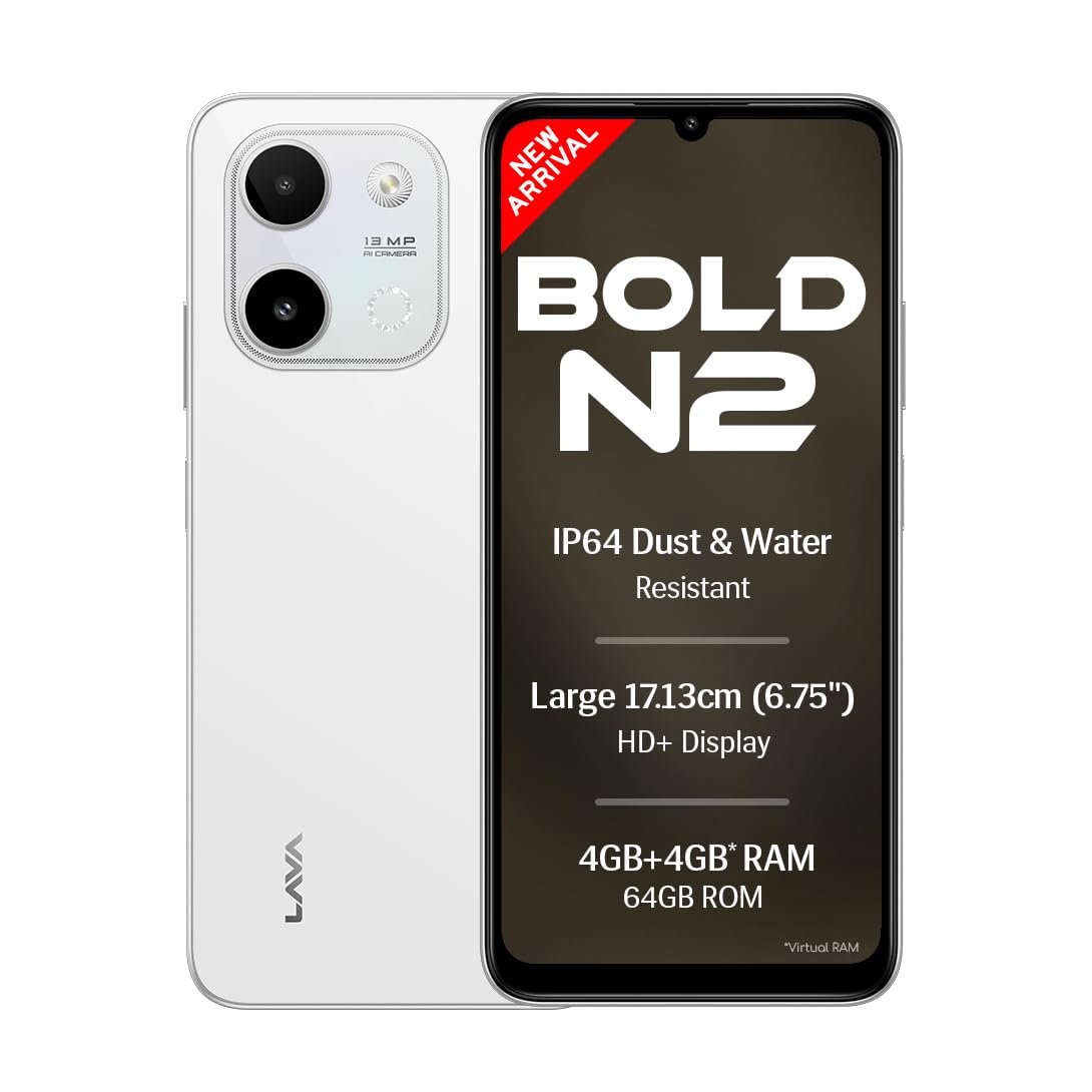 Lava Bold N2 (Siachen White, 4 GB RAM, 64 GB Storage) | 13MP AI Dual Rear Camera | Largest 6.75″ HD+ Display | 5000 mAh Battery & 10W Charging | IP64 Water & Dust Proof | Charger & Phone-Case in Box