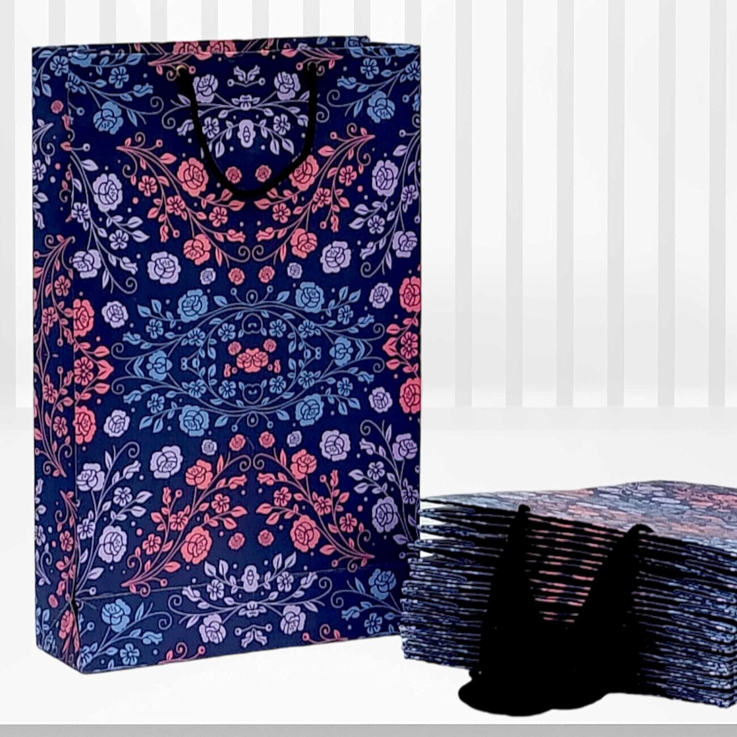 Pb PapyrusBolsys Paper Bags Floral Design Large Size Blue Pack of 12