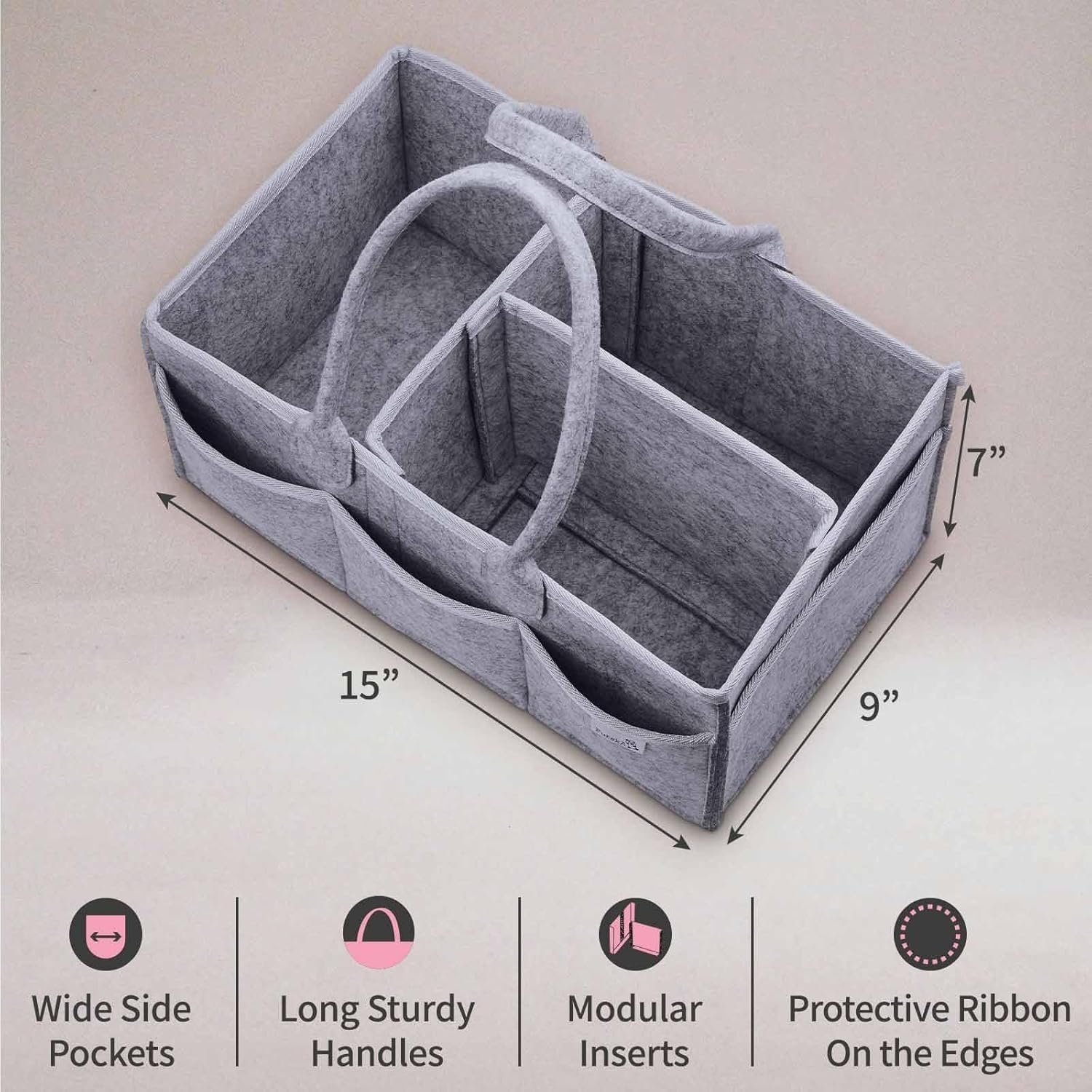 RECLUSE Cute Baby Diaper Caddy Organizer Baby Storage Basket with Removable Compartments Felt Portable Nappy Foldable Bag Organiser for Newborn Mothers Used to Store Nappies, Paper Towels&Baby Bottles