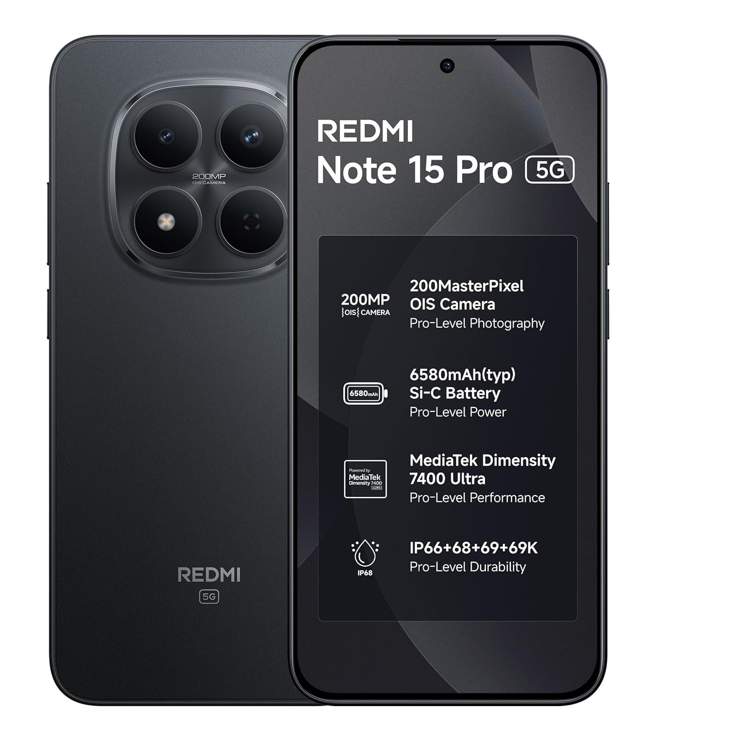 REDMI Note 15 Pro 5G (Carbon Black, 8GB+256GB) | 200MasterPixel OIS Camera | Dimensity 7400-Ultra | 17.3cm CrystalRes AMOLED Screen | IP66/68/69/69K | Mega 6580mAh Si/C Battery | 45W Fast Charging