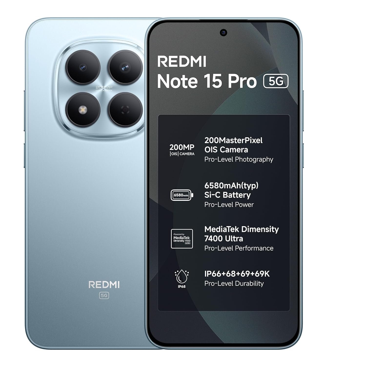 REDMI Note 15 Pro 5G (Mirage Blue, 8GB+128GB) | 200MasterPixel OIS Camera | Dimensity 7400-Ultra | 17.3cm CrystalRes AMOLED Screen | IP66/68/69/69K | Mega 6580mAh Si/C Battery | 45W Fast Charging
