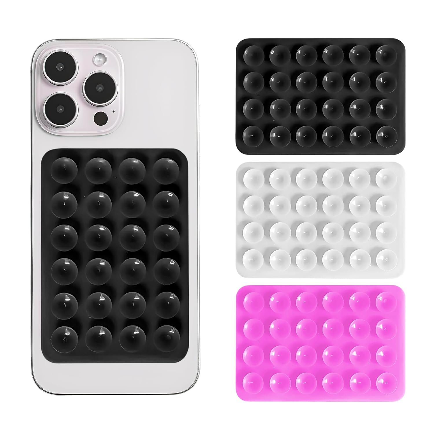 Sounce Suction Phone Case (Pack of 3) – Anti-Slip Silicone Sticky Back Cover with 24 Suction Cups for Hands-Free Mounting on Mirrors, Tiles, Showers, Car Dashboards, and More