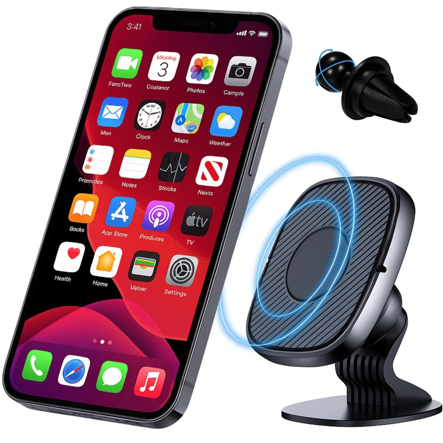 Elfora 2 in 1 360° Rotating Magnetic Phone Holder for Car | Strong Magnet Phone Mount for Dashboard and AC Vent | Portable Hands Free Universal Stand for iPhones & Android Phones