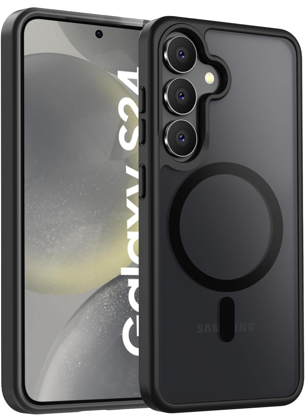 Elzzi Magnetic Guard Designed for Samsung S24 5G Case Translucent Matte Hard PC + TPU Back Cover [Compatible with MagSafe] Anti-Scratch Phone Case (Black)