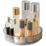 House of VIPA 360° Rotating Makeup & Cosmetic Organizer | Smoke Transparent Vanity Tray with Silver Handles | Smooth Rotation | Perfume, Skincare & Bathroom Counter Storage (Light Gray, 1 Layer)