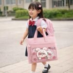 Kids Cute Cartoon Printed Tote Hand Bag with 3 Zipper Compartments, Large Capacity Stationery & Book Carry Bag with Handle, Durable School Tuition Art Class Organizer Bag for Kids & Students