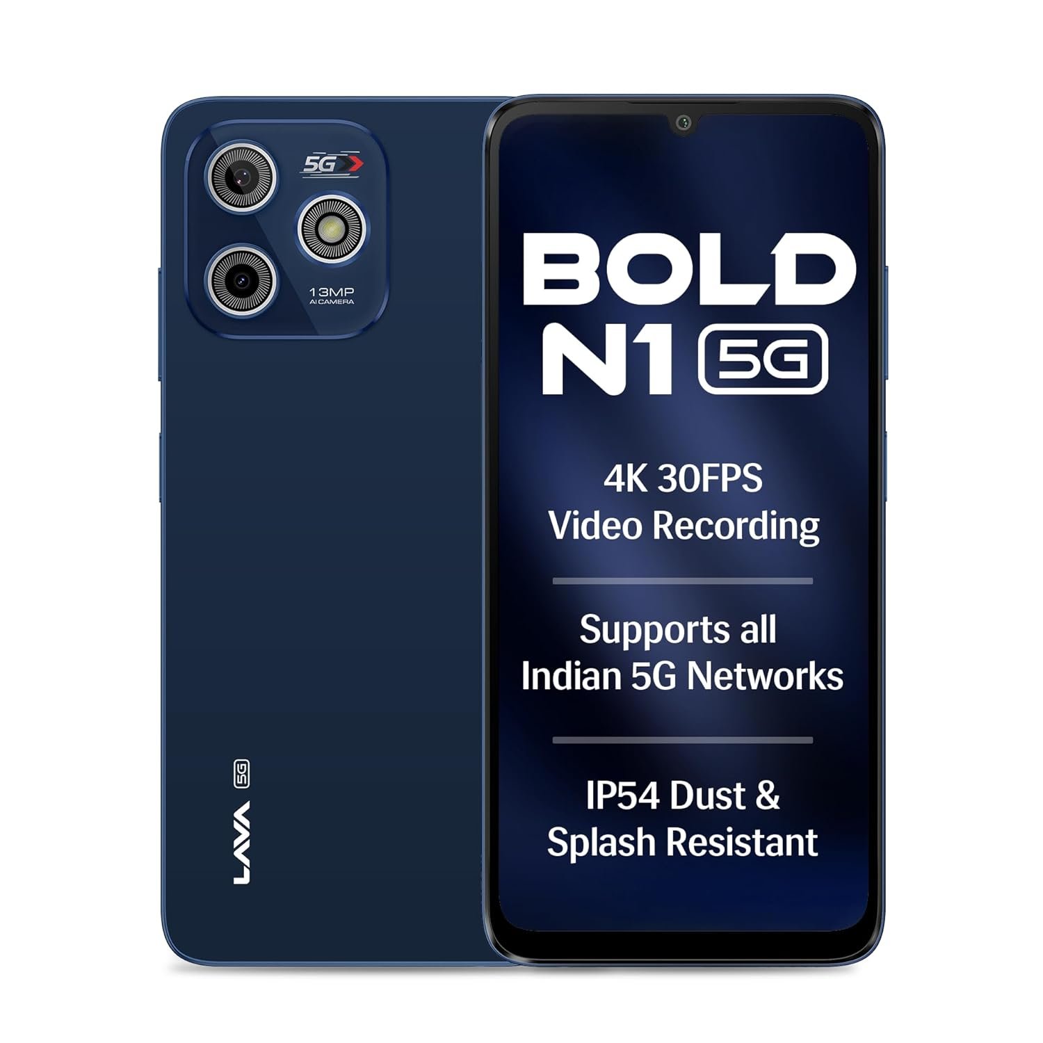 Lava Bold N1 5G (Royal Blue, 4GB RAM, 128GB Storage) |Bigger 6.75″ HD+ Notch Display | Octacore 5G Processor | 13 MP AI Camera |5000 mAh Battery| IP54 Rated Dust & Water Splash Proof