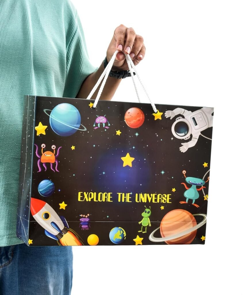 PPJ ® -HAPPY BIRTHDAY (SPACE/ASTRONAUT THEME PARTY) (10 Pcs.) PAPER CARRY BAG, 16 Inch X 12 Inch X 4 Inch RETURN GIFT/HAPPY BIRTHDAY/RETURN GIFTS/GIFTS/GIFT BAGS/GIFT COVERS (LARGE) (Pack of 10)