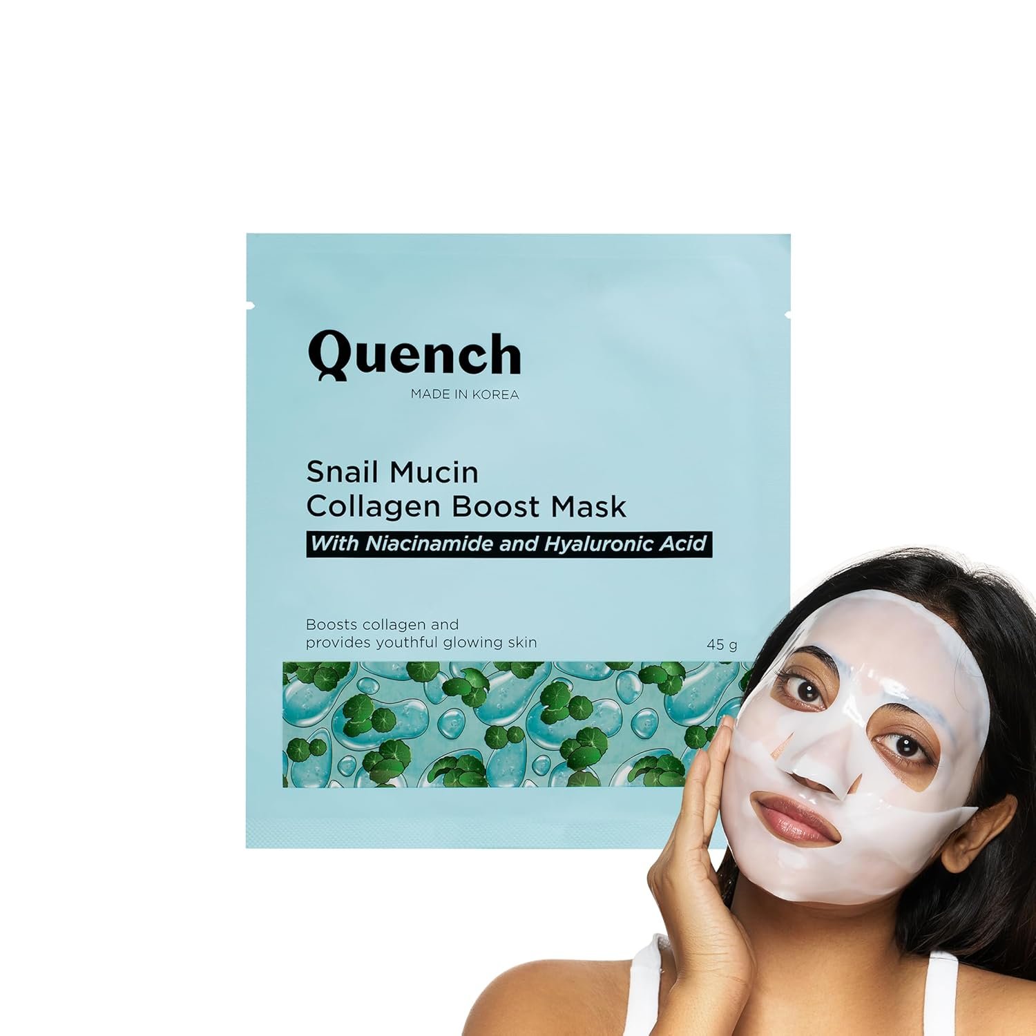 Quench Snail Mucin Korean Collagen Boost Mask with Niacinamide & Hyaluronic Acid for Glass Skin within 5 Hours | Korean Bio-Collagen Overnight Mask for Deep Hydration | Reduces Pigmentation, Wrinkles & Fine Lines (45g, 1 Piece)