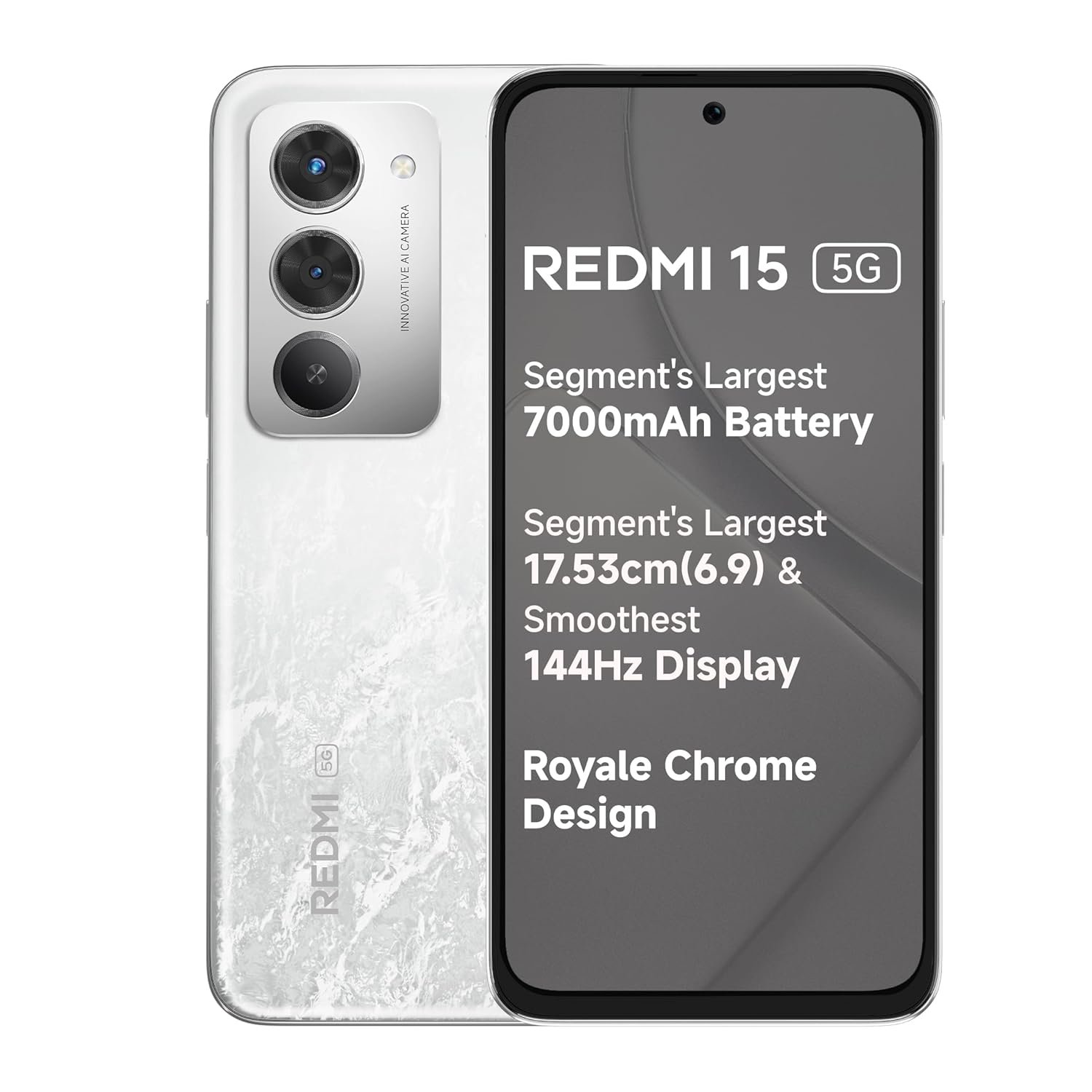 REDMI 15 5G Frosted White 6GB + 128GB | Segment’s Largest 7000mAhA Battery | Segment’s Largest Display 17.53cm(6.9) Up to 144Hz | Snapdragon 6s Gen 3 | 18W Reverse Charging | 50MP AI Dual Camera
