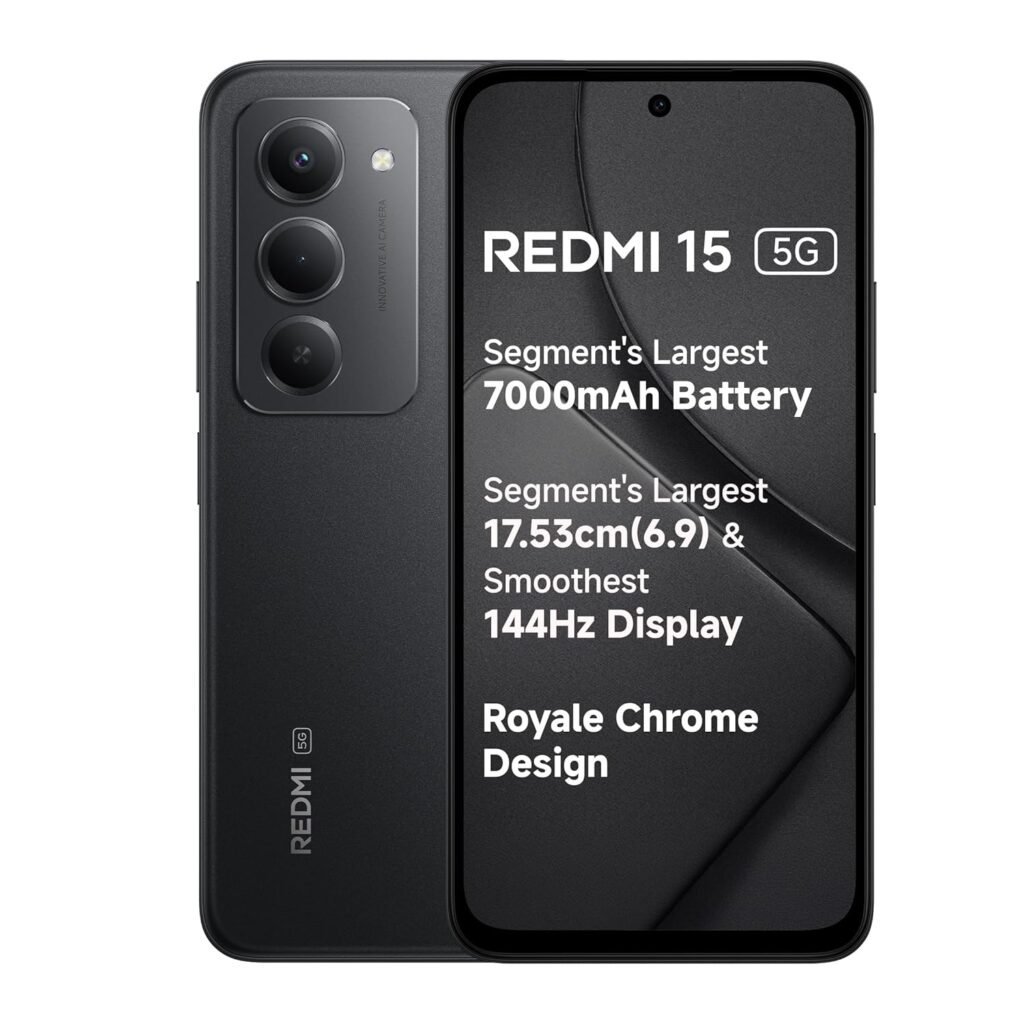 Redmi 15 5G Midnight Black 6GB + 128GB | Segment’s Largest 7000mAhA Battery | Segment’s Largest Display 17.53cm(6.9) Up to 144Hz | Snapdragon 6s Gen 3 | 18W Reverse Charging | 50MP AI Dual Camera