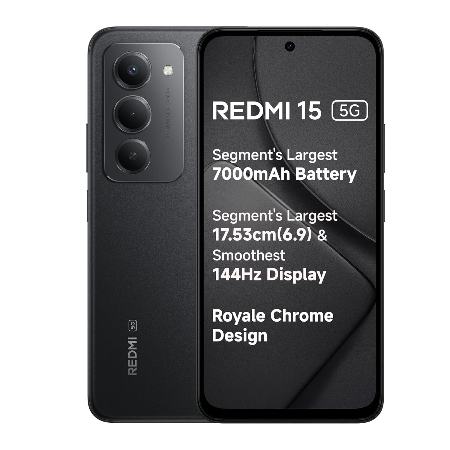 Redmi 15 5G Midnight Black 6GB + 128GB | Segment’s Largest 7000mAhA Battery | Segment’s Largest Display 17.53cm(6.9) Up to 144Hz | Snapdragon 6s Gen 3 | 18W Reverse Charging | 50MP AI Dual Camera