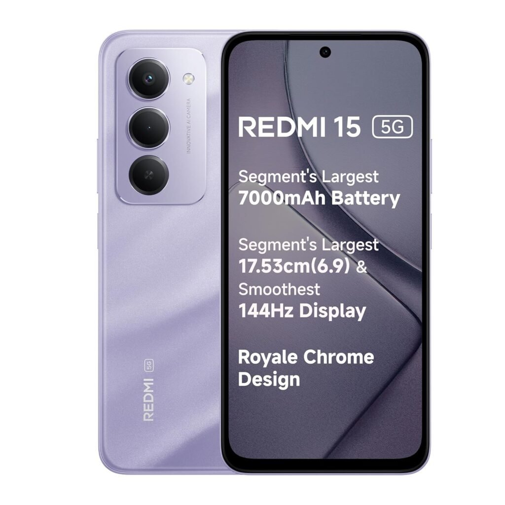 Redmi 15 5G Sandy Purple 6GB + 128GB | Segment’s Largest 7000mAhA Battery | Segment’s Largest Display 17.53cm(6.9) Up to 144Hz | Snapdragon 6s Gen 3 | 18W Reverse Charging | 50MP AI Dual Camera