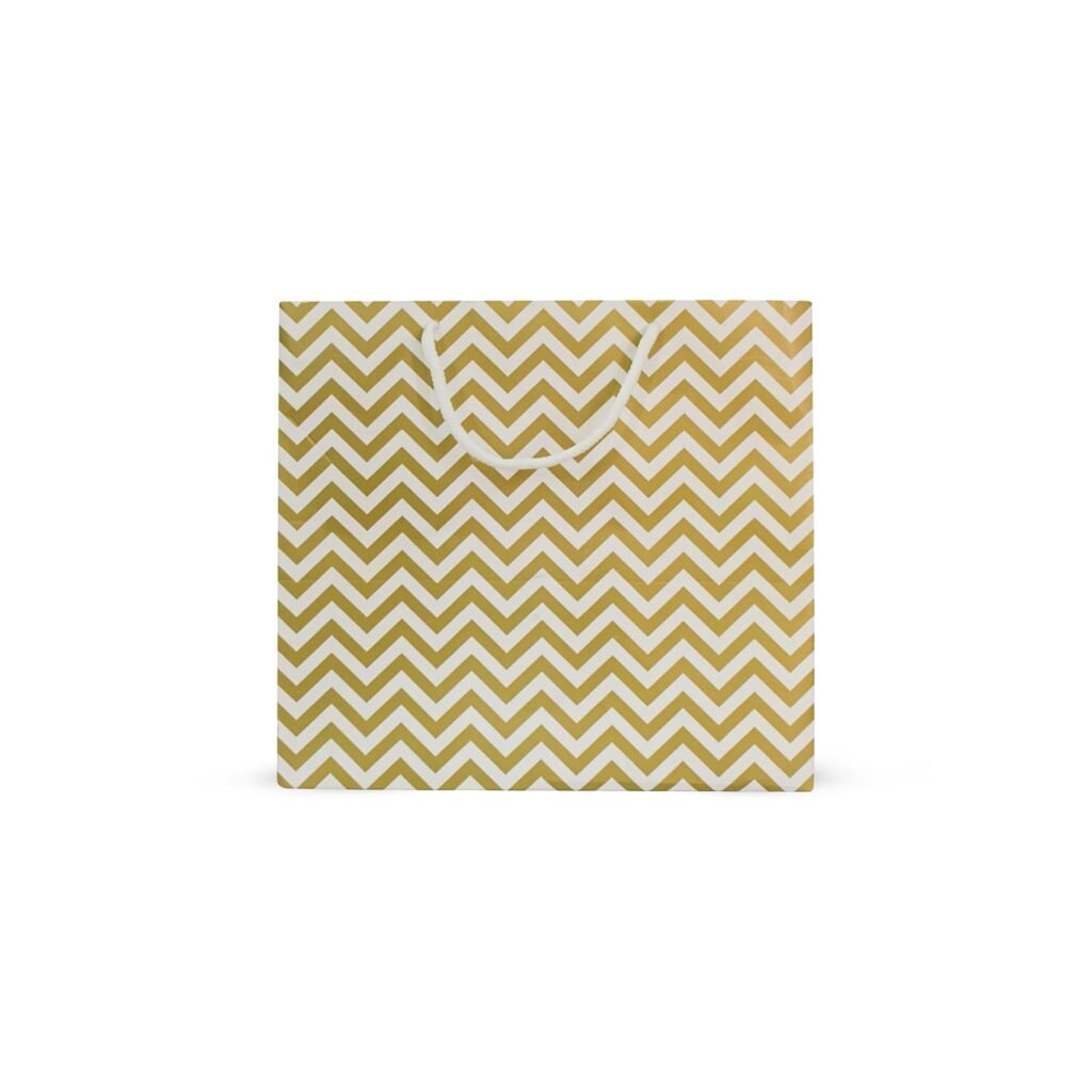 Riha Bags: Cake-Box-Size White & Gold Printed Paper Carry Bag – (11 * 10 * 8 Inches) (Pack of 5) (Zigzag Thread)