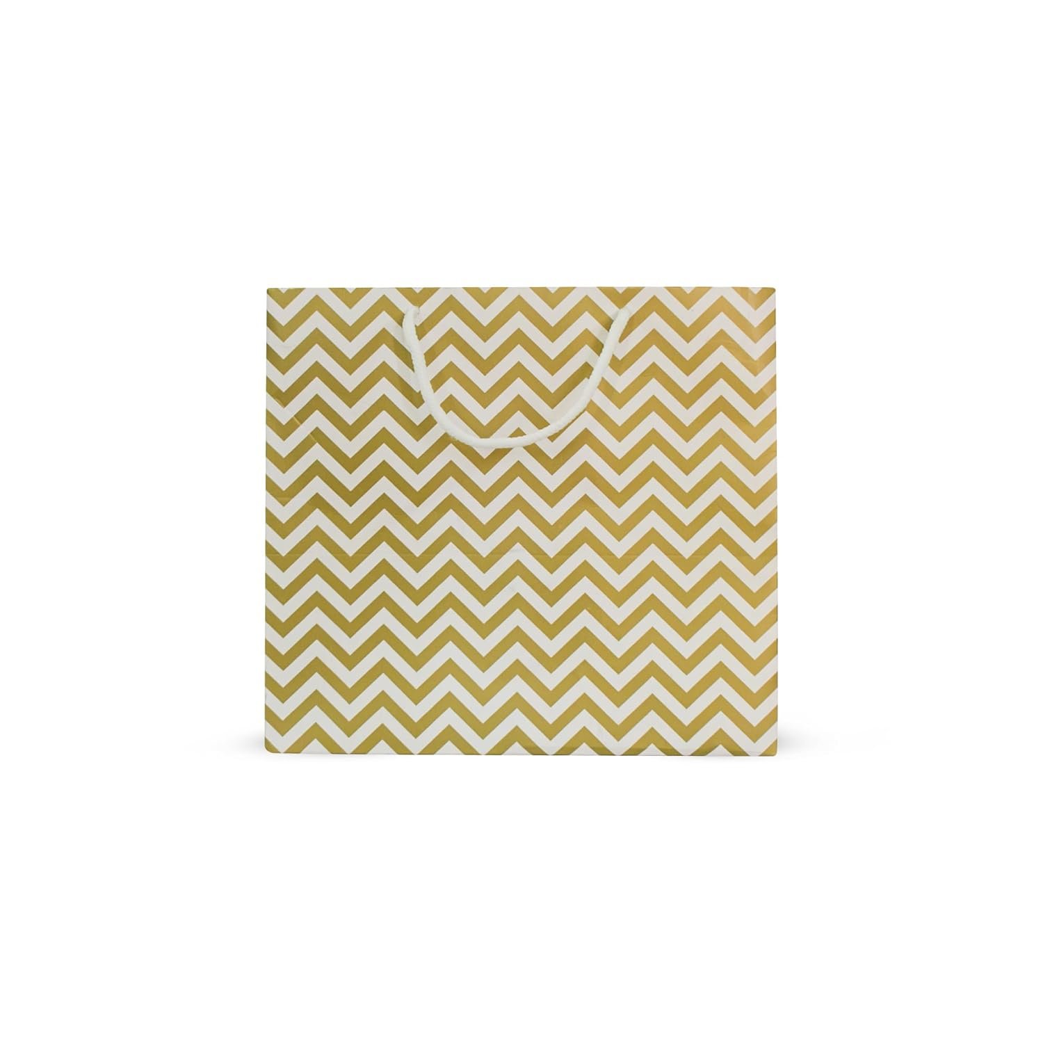 Riha Bags: Cake-Box-Size White & Gold Printed Paper Carry Bag – (11 * 10 * 8 Inches) (Pack of 5) (Zigzag Thread)