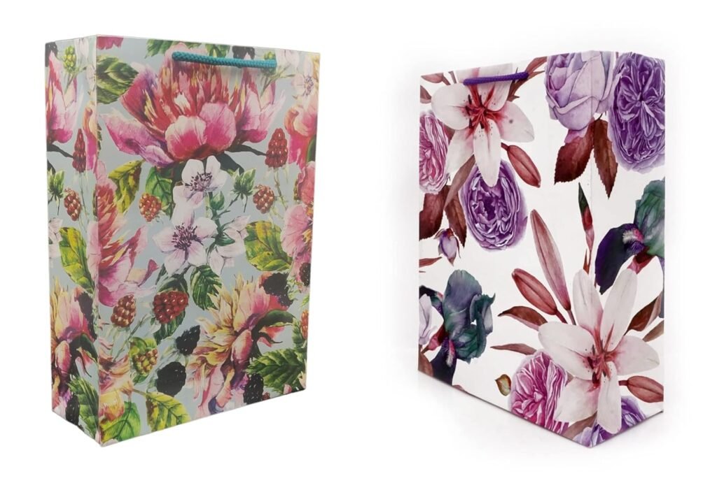TASCHE Cherry Flower and Lily Flower Design Printed Assorted Design Paper Carry Bags | Gift Bags for Return gifts, Birthday and presents (28 * 20 * 7.5 CM) (Pack of 10)