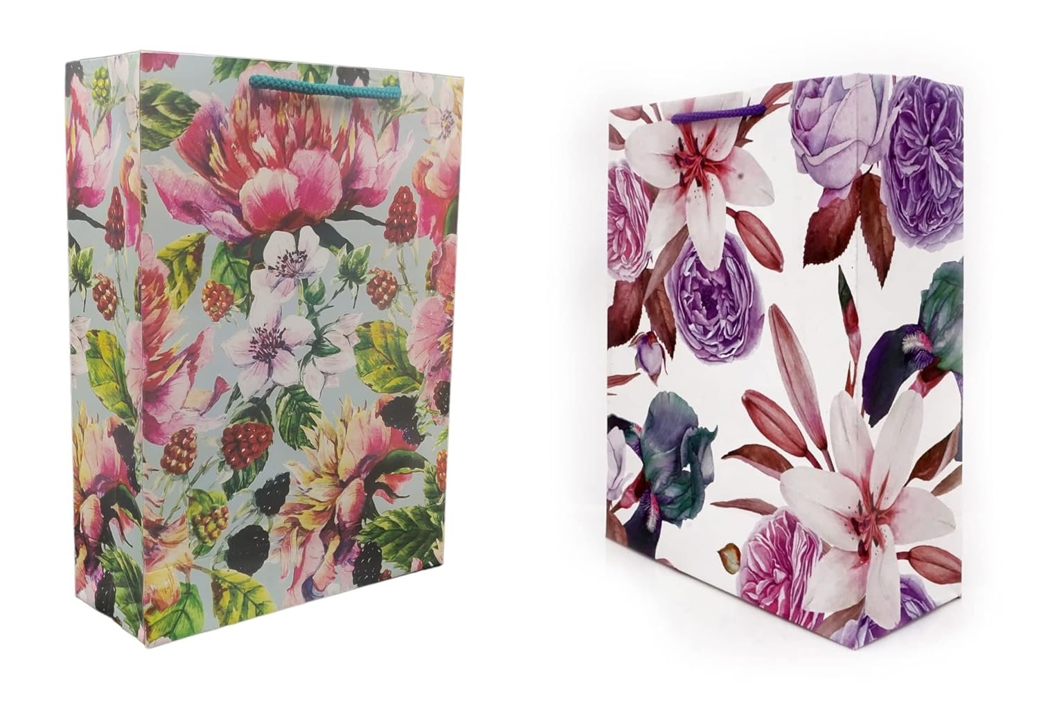 TASCHE Cherry Flower and Lily Flower Design Printed Assorted Design Paper Carry Bags | Gift Bags for Return gifts, Birthday and presents (28 * 20 * 7.5 CM) (Pack of 10)