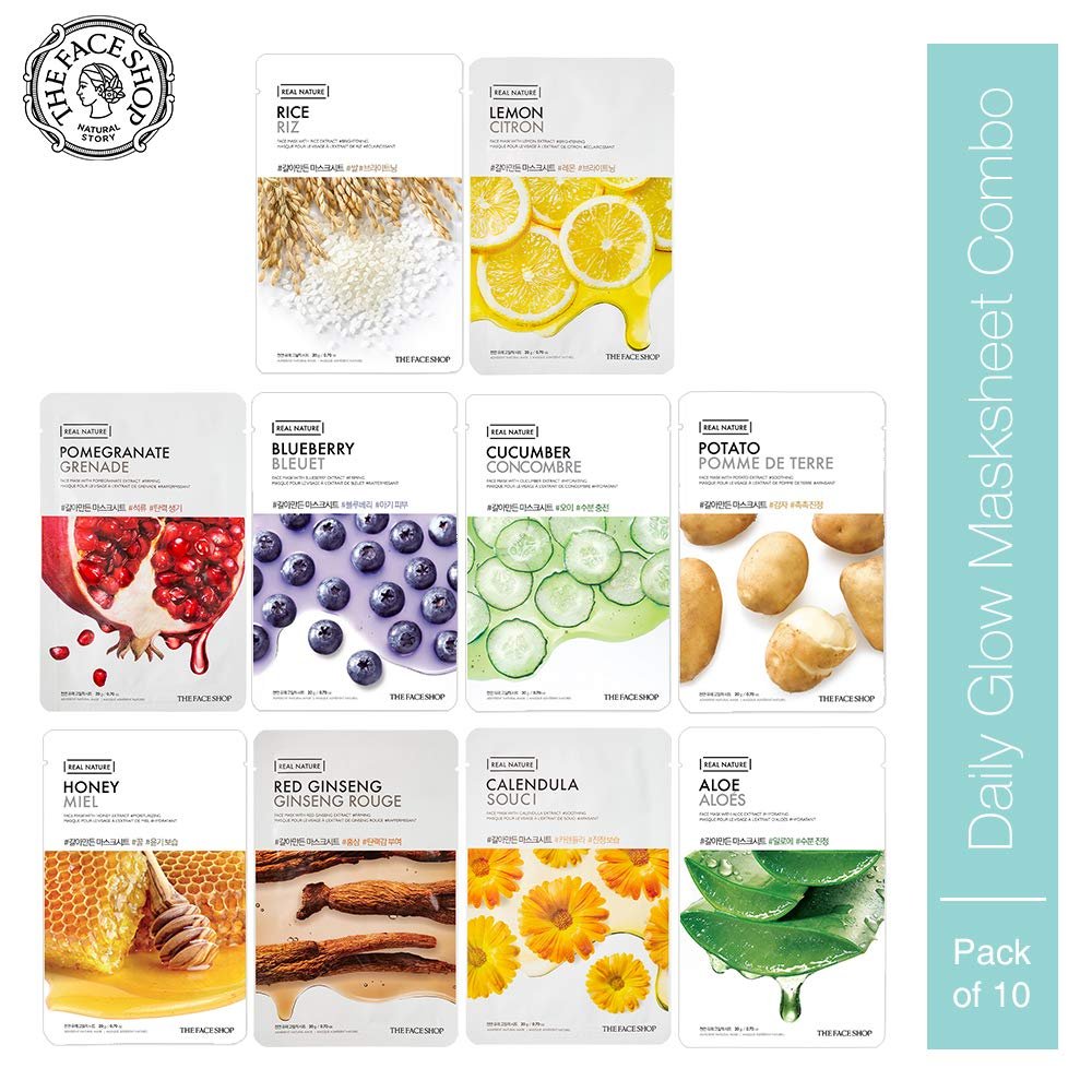The Face Shop Real Nature Daily Glow Sheet Mask for Glowing Skin & Hydration | Facial Mask with Serum | Korean Sheet Mask For Unisex (Pack of 10) (Assorted)