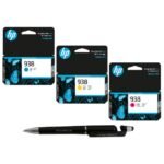 Value Pack Combo OG 938 Cyan Yellow Magenta Ink Cartridge for HP Selected Printer with 3in1 Multi-Function Creative Mobile Phone Stand, Stylus Pen, Ballpoint Pen (Very Colors) 938 Ink